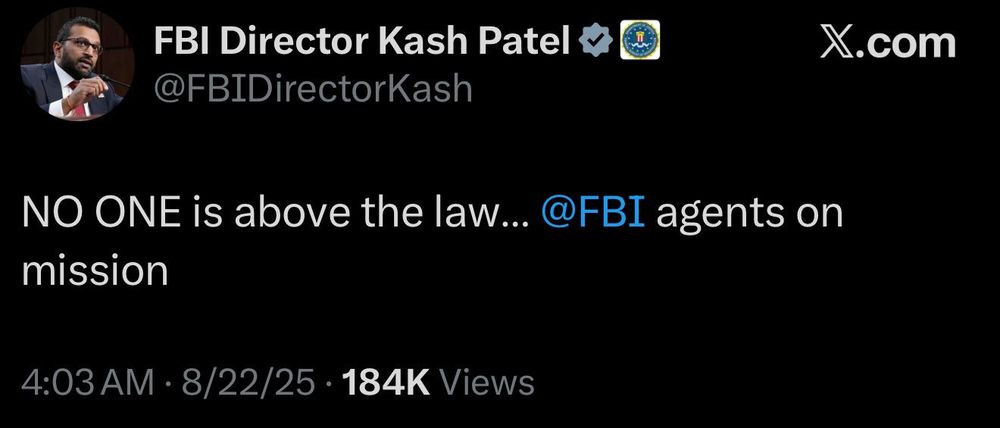 Tweet from Kas Patel on black background saying “no one is above the law”