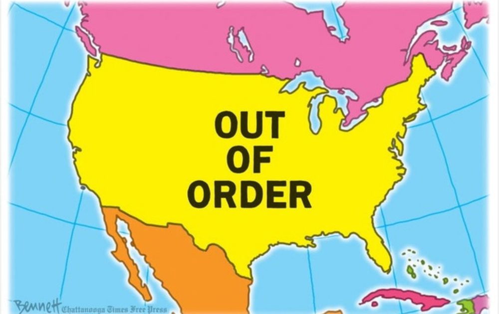 Drawing of mainland United States with text, “Out Of Order”