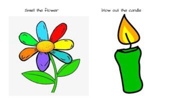 A colorful flower and a green candle. Breathing calm exercise. Smell the flower, blow out the candle. 