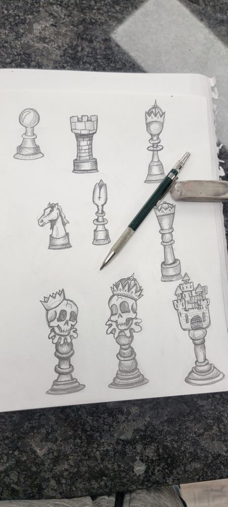 Page of various chess pieces in pencil 
Includes pawn, rook, queen, knight, bishop, and king