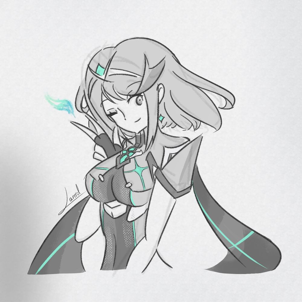 A quick, rough sketch of Pyra/Homura from Xenoblade Chronicles 2. She's looking slightly away from the viewer and winking, doing a piece sign as there's a small bit of fire emerging from her finger. 

There will be yuri tomorrow, which will also be from Xenoblade 2! <3 Until then, enjoy your day guys!