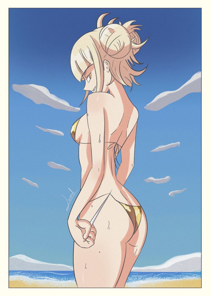 An illustration of Himiko Toga from My Hero Academia/Boku No Hero Academia. She is standing away from the viewer, teasing the viewer as she is using a needle to cut away her gold bikini. The background is a beach with clouds hanging overhead and the vast blue sky. 

This is a Secret Santa gift for Metal, as requested for the JaxDrawz Secret Santa event! Thank you Jax for hosting and thank you Metal for the request, this was a fun challenge. 
