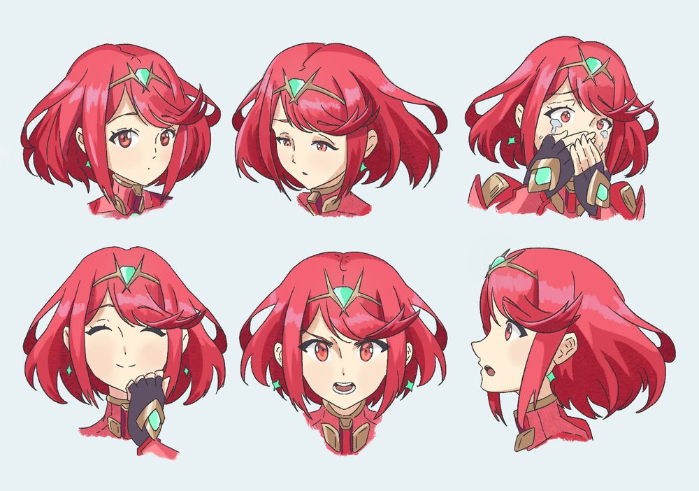 A redraw study of Pyra's expression sheet from Xenoblade 2. We got a neutral one, sad, disgusted, happy, angry and a side view. The original expressions are found in Xenoblade 2's artbook, drawn by Saitou Masatsugu/Saitom.