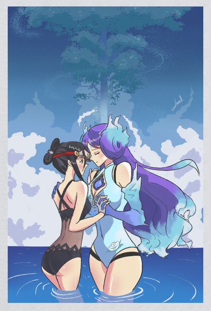 An illustration of Mòrag Ladair and Brighid from the video game Xenoblade Chronicles 2. They're standing in the ocean waters, clear from the Cloud Sea that was there initially. They're standing awfully close to each other, holding hands and preparing for a kiss. Morag is wearing a black swimsuit that has a net pattern in the torso. Brighid is wearing a light blue one piece suit that has some rose patterns on it, along with having the zipper down to reveal her chest as well as her core crystal. Behind them in the background has high hovering clouds surrounding the World Tree. 

Happy Pride Month, everyone! :D I hope all of you enjoy this month, because you all are the best and deserve love. I thought I'd celebrate through drawing a ship that I really like, along with celebrating my LGBTQ friends that I love with all my heart. 