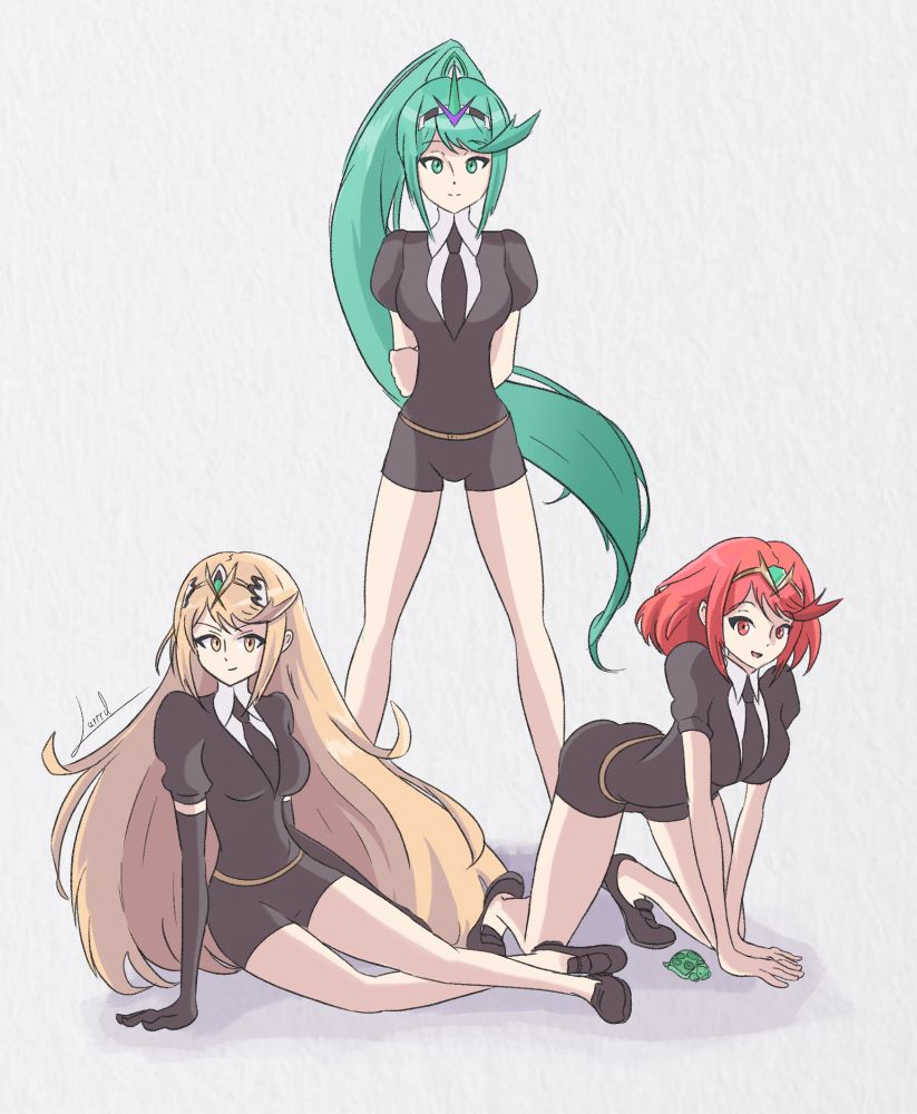 A drawing of Pyra, Mythra and Pneuma from Xenoblade Chronicles 2. Pyra and Mythra are taking a seat on the floor while Pneuma is standing with her arms crossed behind her, all of them looking at the viewer. They are also dressed in the same outfit as the ones in Houseki no Kuni/Land of the Lustrous. Also, that's Turters over there! 