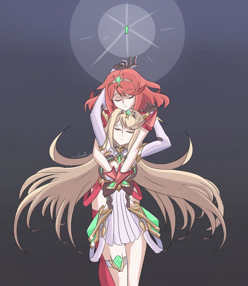 A drawing of Pyra and Mythra from Xenoblade 2. Pyra is embracing Mythra, as Mythra holds up their own core crystal shining from above. The background is a darker gradient with a serene blue overhead. This drawing is a reference to special artwork of Shion Uzuki and KOS-MOS from Xenosaga Episode I - Der Wille zur Macht of Shion embracing KOS-MOS. 