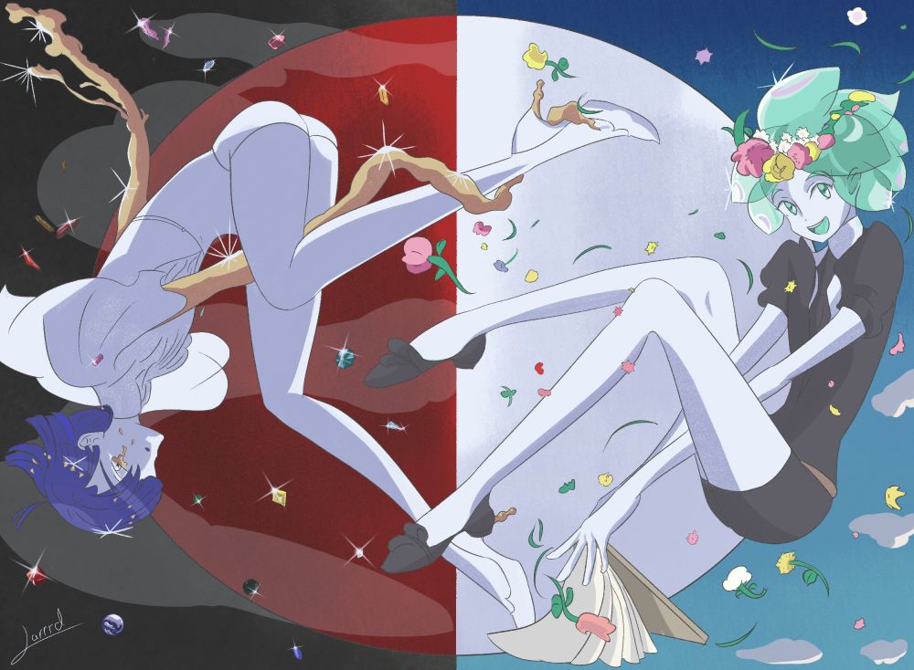 An illustration of Phosphophyllite from the manga series, Houseki no Kuni/Land of the Lustrous. This is a recreation of an abandoned work in progress drawing by Haruko Ichikawa, both writer and artist of the manga, in her art book, Pseudomorph of Love. Both versions of Phos are here, the first on the right with their mint-green hair and eyes, as well as their standard black outfit and shoes without socks. They are looking at the viewer with a cheery smile, lifting in the sky behind the Moon on Earth. Surrounding Phos is a bunch of flowers and grass blown from the wind, as well as the clouds, even given a hairband of flowers (likely made by Red Beryl). The Moon behind is white, almost the same color as the Gems. 

The Phos on the left is their Post-Moon look, complete with the ultramarine blue head of Lapis Lazuli, the Agate legs of Aculeatus, the arms of liquid gold alloy, and the pearl eye granted by Aechmea. Along with all the new parts of their body, Phos is given a new outfit given by the Lunarians with sheer sleeves and pearl heels. They are looking at the viewer with gold tears in their one visible eye, showing that they are suffering. Surrounding Phos are all the different gems behind the Moon in space. The moon is red in this reflection of the drawing, implying a path of suffering and vengeance. In the far background, you can find Phos’ home on planet Earth. 

Close enough with Phos, Happy Gold Week! XD I had a lot of fun with this one 