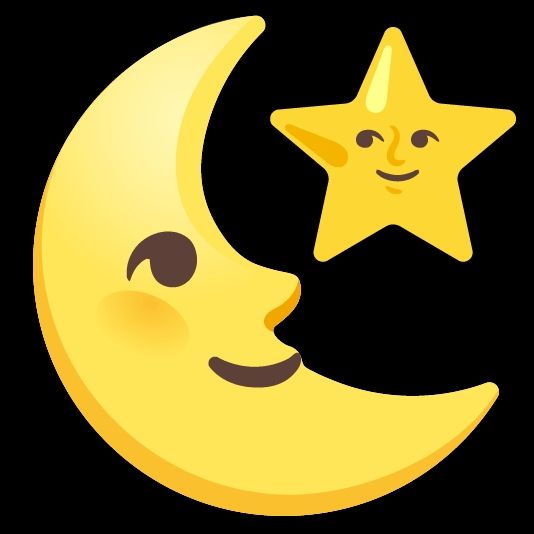 Mondsichel mit Gesicht und kleinem Stern, ebenfalls mit Gesicht.