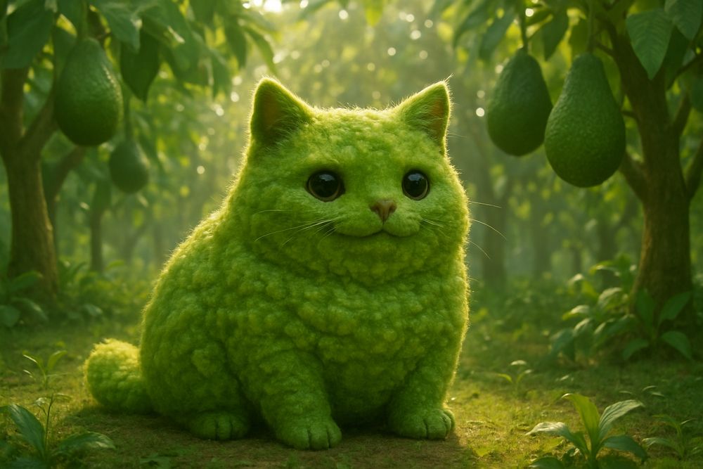 KI generiertes Bild des Gullakamollie. Eines grünen wolligen Phantasiewesens mit katzenartigem Gesicht mit Kulleraugen in einem Avocado-Hain.