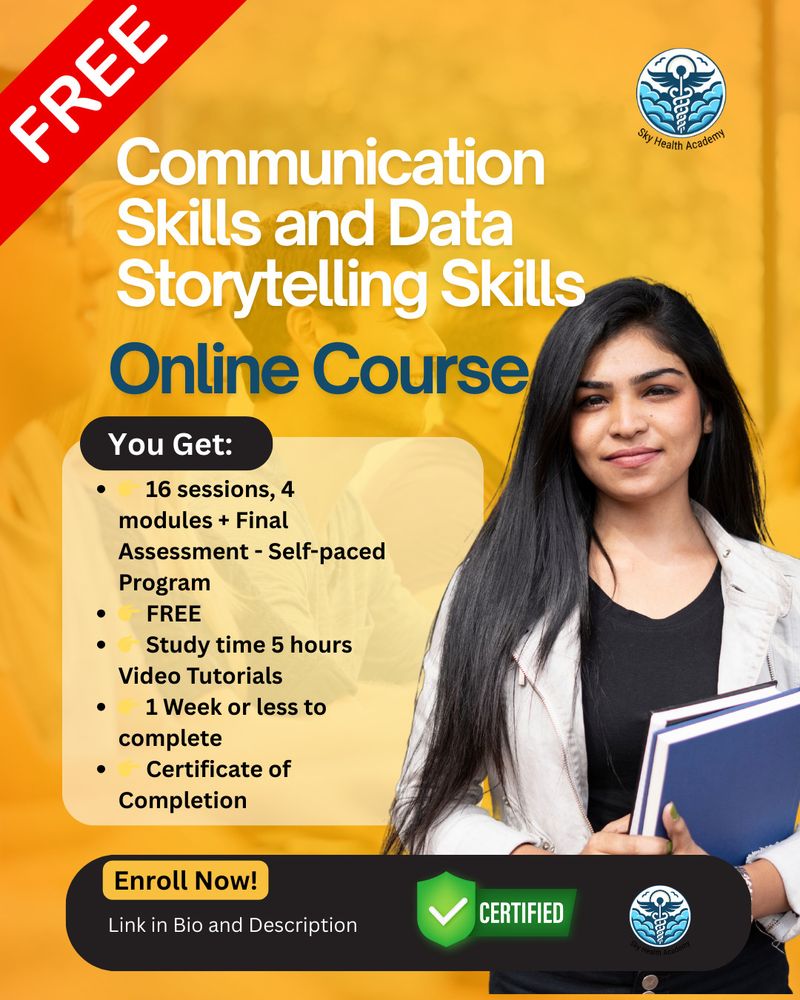 Communication and Data-Storytelling Program for Medical Affairs and Pharma Professionals
👉 16 sessions, 4 modules + Final Assessment - Self-paced Program
👉 FREE
👉 Study time 5 hours Video Tutorials
👉 1 Week or less to complete
👉 Certificate of Completion

Enroll here ➡️ https://ln.run/m3Bhp

#MedicalScienceLiaison #MSL #MedicalAffairs #SkyHealthAcademy #pharmaceuticalIndustry #CommunicationSkills #DataStorytelling 