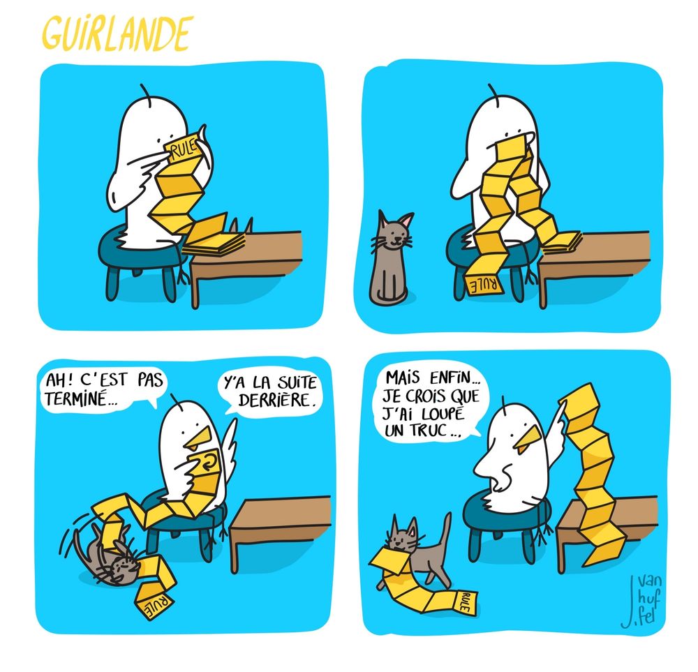 Cui-Cuit lit les règles du jeu. Le dépliant traîne par terre et le chat joue avec. Il le déchire alors que Cui-Cuit n'a pas fini de lire. Le chat part avec un morceau des règles. Cui-Cuit ne comprend du coup pas les règles.