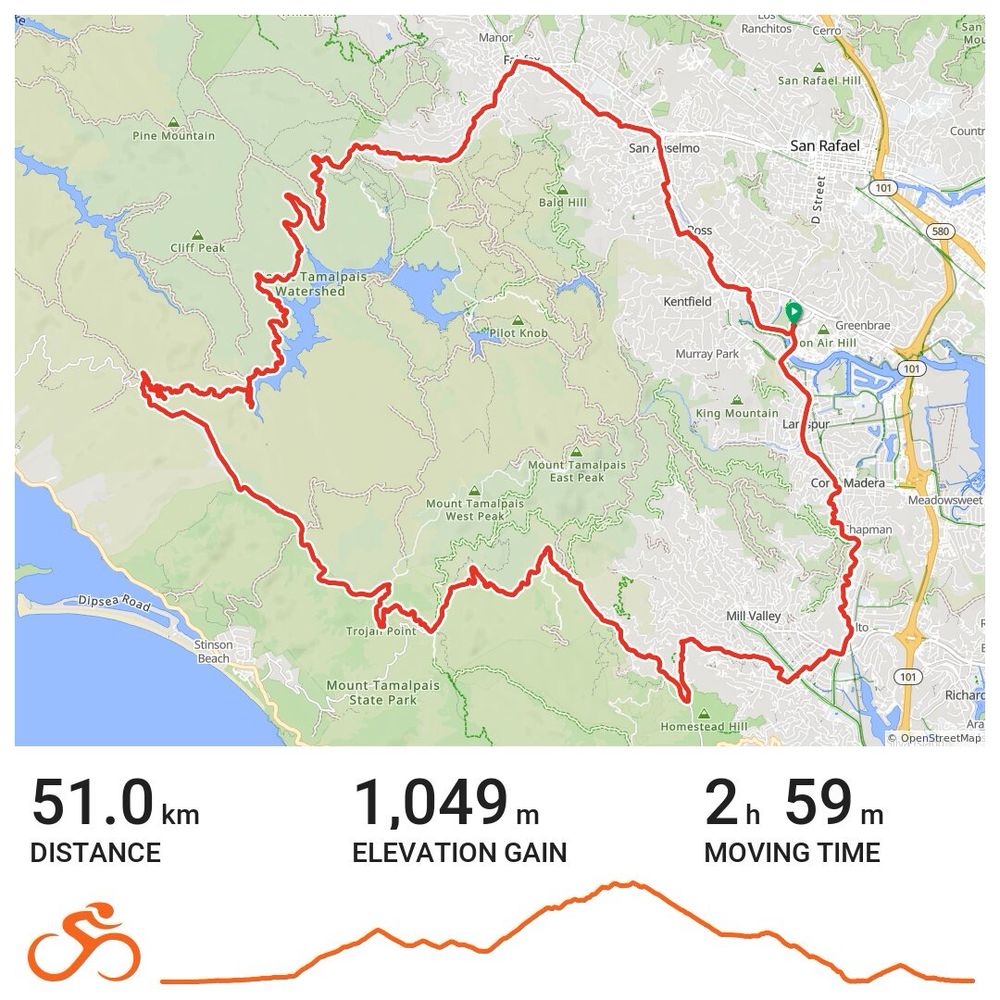 Map of the ride showing 51km traveled, 1,049m elevation gain, and 2h59m moving time.
