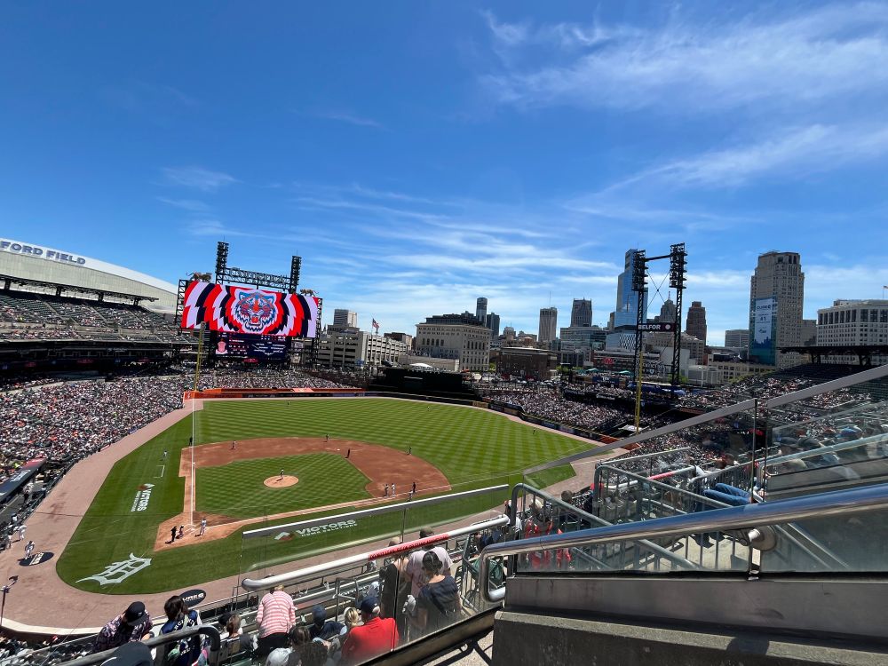 View of downtown Detroit from the nosebleed seats at Comerica Park