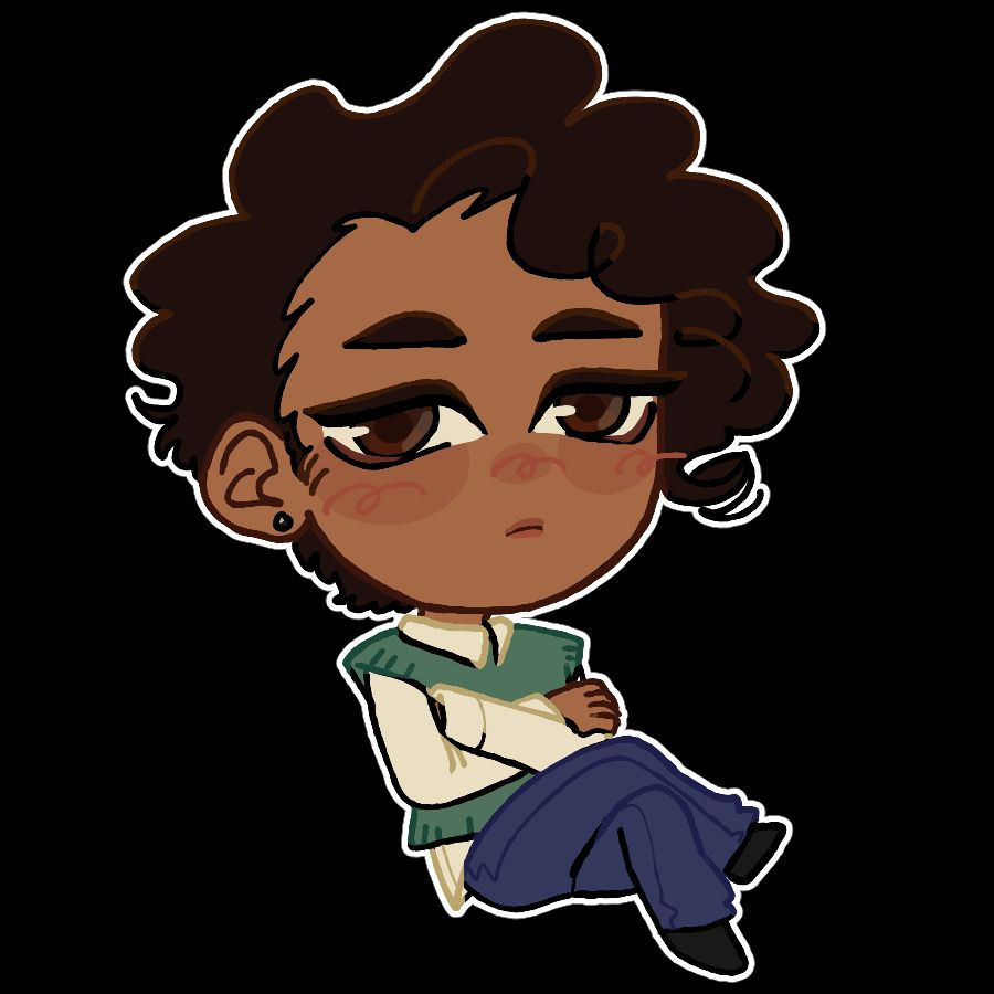Ram's character, Sanjay, in a chibi style with a white outline, like a sticker. The art has flat colors with partially colored lines. Sanjay has brown skin, dark eyes, and dark brown curly hair that's longer on one side. His expression is indifferent. He's wearing a small black earring, a teal sweater vest with a white button-up underneath, baggy dark blue pants, and black shoes.