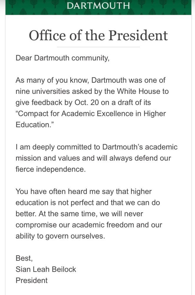 Screenshot of Dartmouth message: https://president.dartmouth.edu/news/2025/10/response-compact-academic-excellence-higher-education