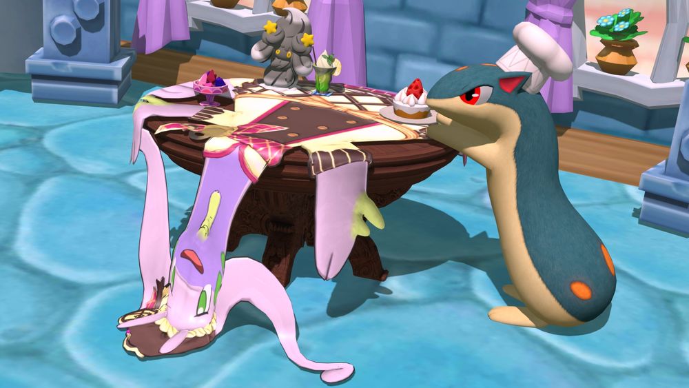 A Goodra in a sweet dessert type of outfit that's been flattened out and used as a table cloth.