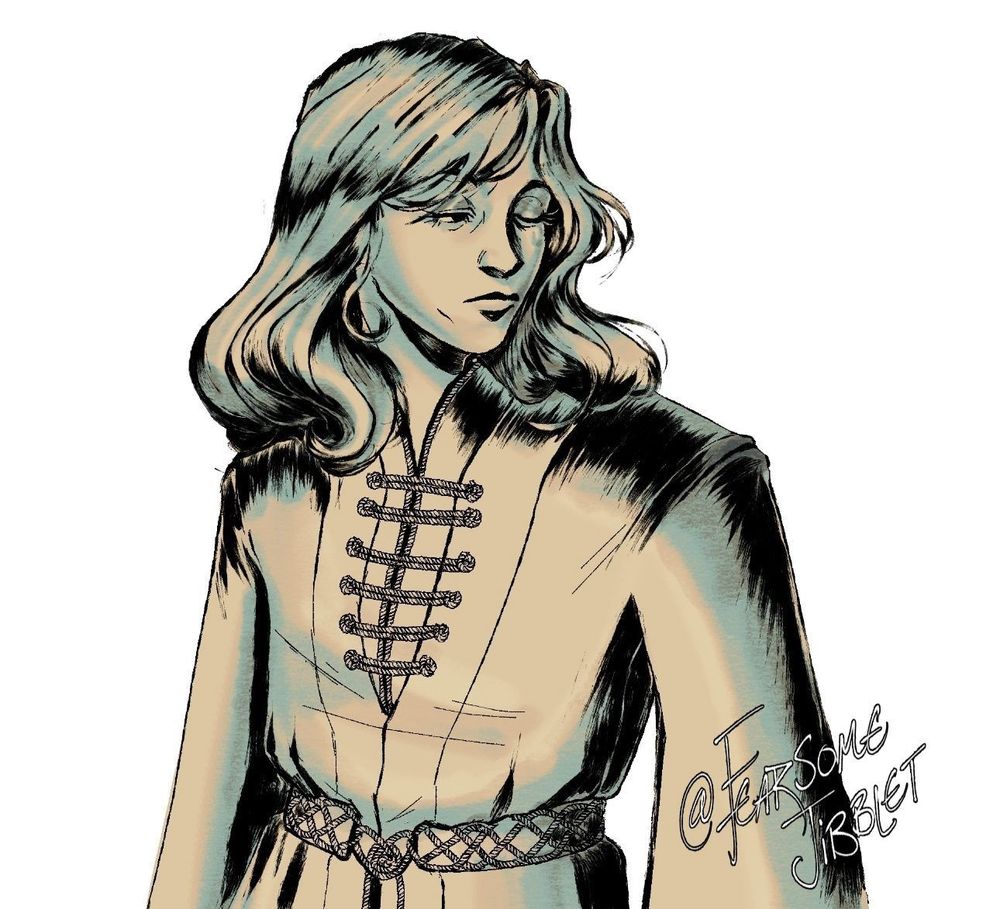 A drawing of Melina from Elden Ring, looking pensive and away from the viewer. the main focus for this piece is the texture in the shadows and testing gradient maps. 