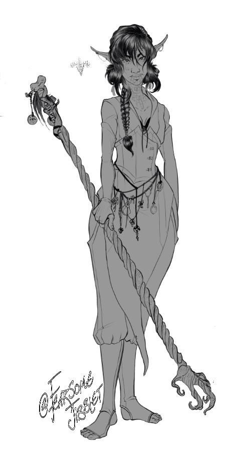 a full body illustration of a elf with dark hair wearing baggy clothes and weilding a creepy staff that looks like a hand. 