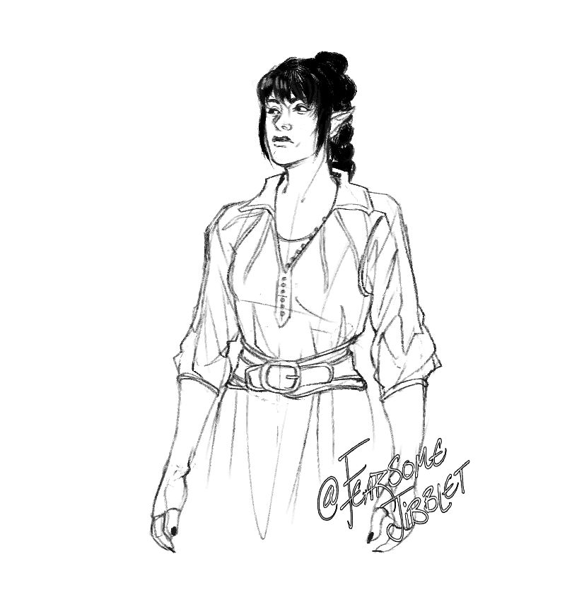 Shadowheart in a casual dress, looking off in a direction