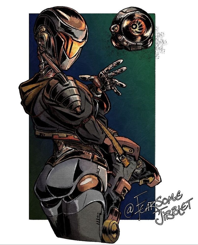 a gynoid robot wearing a cropped hoodie, all in dark colors with orange accents. it has an active drone currently scanning. the gynoid's faceplate has a single visor, with light coming out of the glass surface. she is looking over her shoulder and directing her drone with her hand. she's carrying a backpack with more drones inside. 