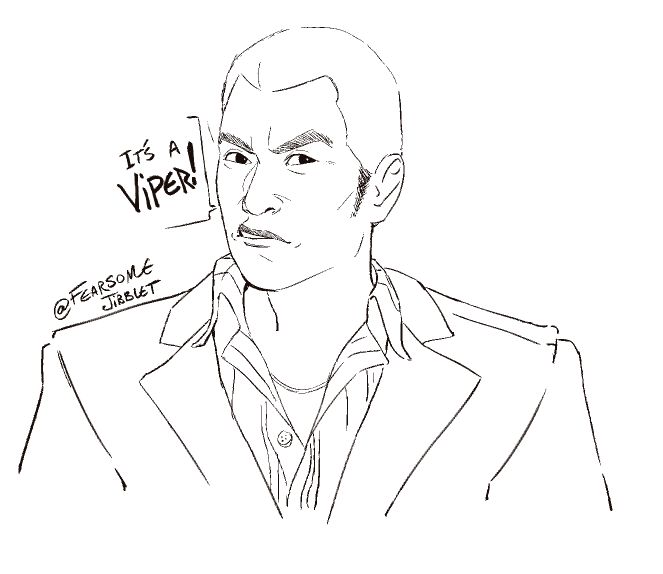 Rikiya from Yakuza 3, saying that his tattoo is a viper not a snake. he is wearing his usual outfit. 
