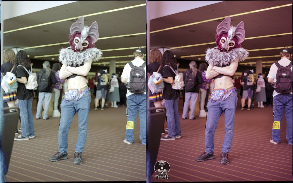 It's a Before/After image of a 120 film scan. Rezzybat is standing in Anthrocon's convention space.