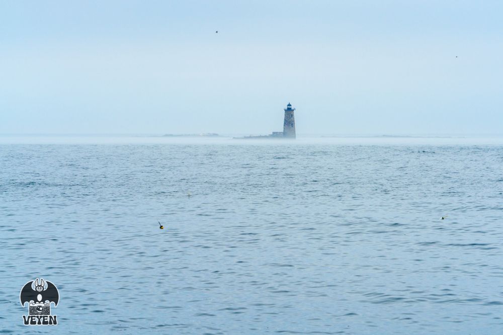 It’s a photo of a lighthouse in the distance. It’s somewhat foggy. 