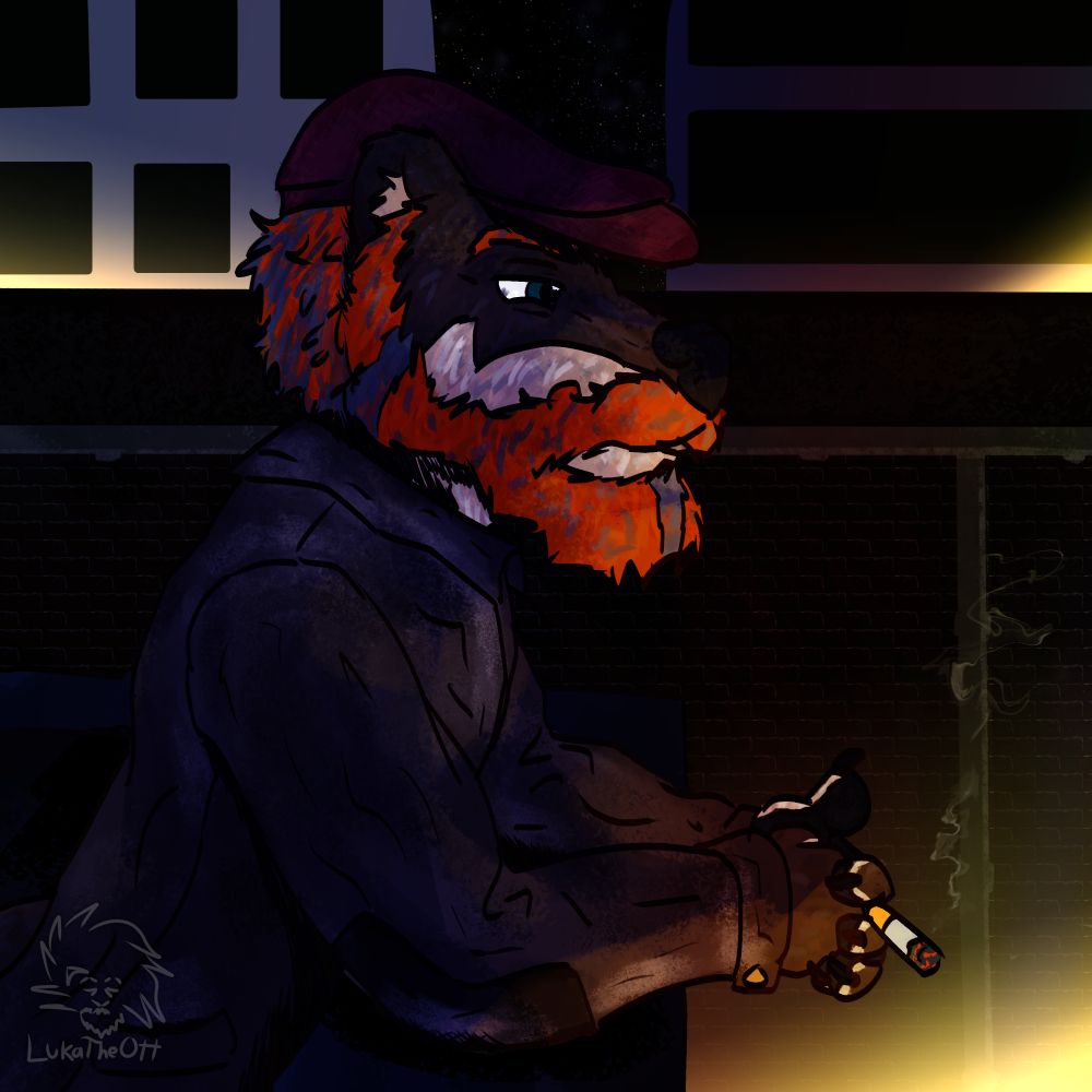 A middle aged graying red haired and full bearded otter leans against a parapet in the city late at night, smoking a cigarette. He's wearing a flat cap and worn brown denim jacket, the scene is softly lit by the sodium lights below