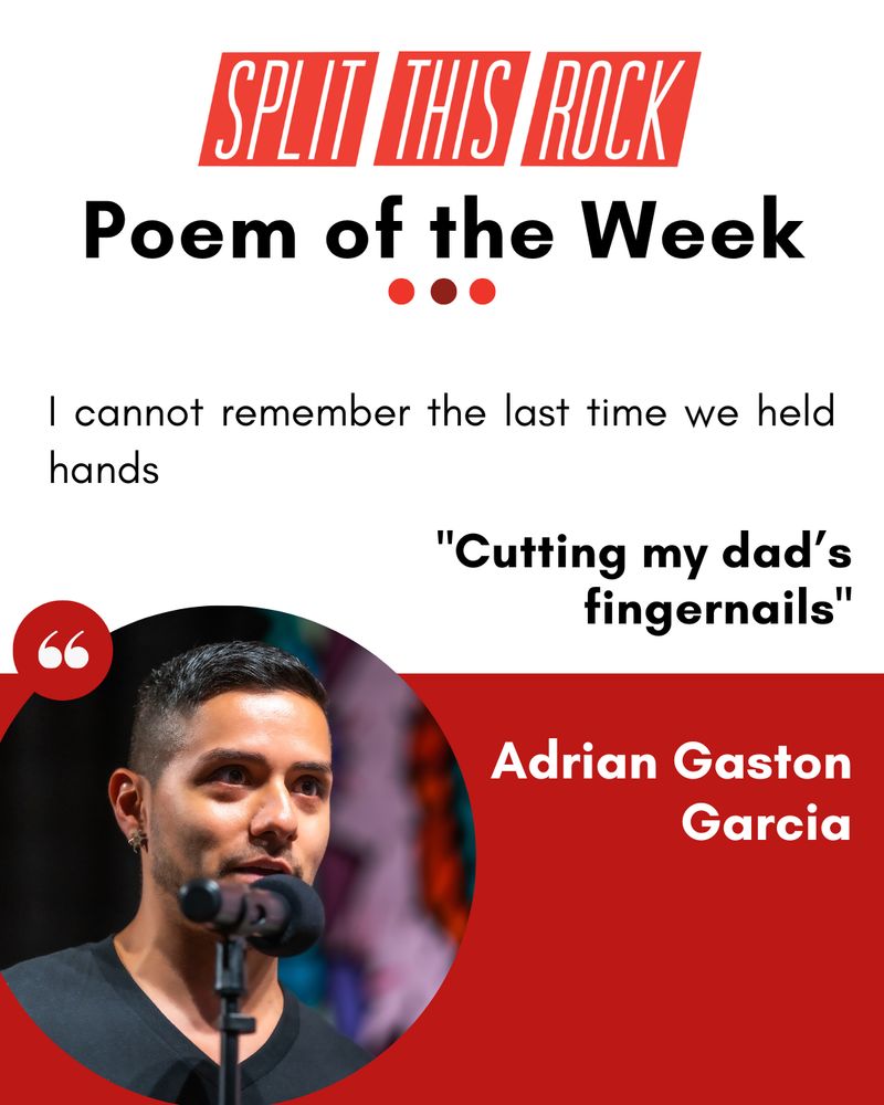 Poem of the Week graphic, which includes the poem title, author, and excerpt with a photo of Adrian Gaston Garcia in a circular frame. Adrian Gaston Garcia speaks into a microphone on a stand. He has short, neatly groomed dark hair and a trimmed beard. He wears a simple black V-neck shirt and a small star-shaped earring in his left ear.