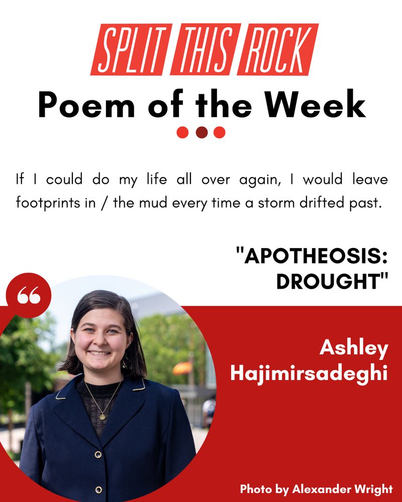 Poem of the Week graphic, which includes the poem title, author, and excerpt with a photo of Ashley Hajimirsadeghi in a circular frame. Ashley Hajimirsadeghi stands outside. She has medium-length brown hair and wears a buttoned-up short sleeve blue blazer.