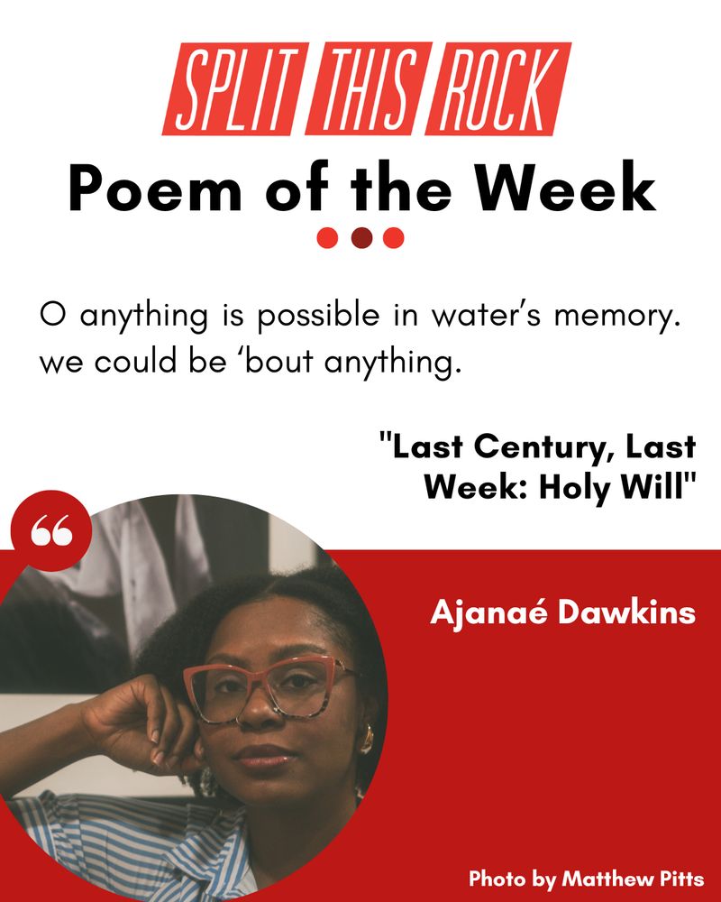 Poem of the Week graphic, which includes the poem title, author, and excerpt with a photo of Ajanaé Dawkins in a circular frame. Ajanaé Dawkins has brown skin with curly afro textured hair. She wears a blue and white striped dress and red glasses. Behind her is a soft pink wall with a black-and-white photograph in a frame. Ajanaé's chin rests on her hand and she's looking directly at the camera.