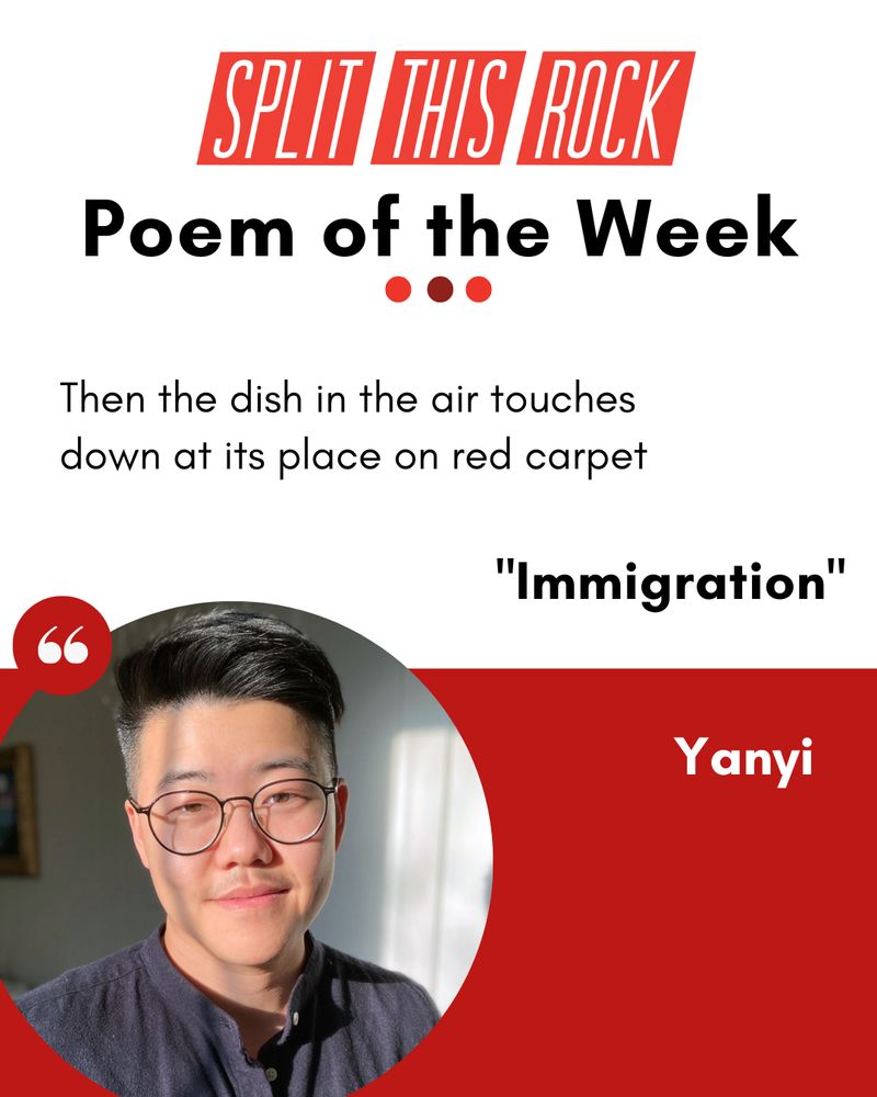 Poem of the Week graphic, which includes the poem title, author, and excerpt with a photo of Yanyi in a circular frame. Yanyi smiles slightly toward the camera as a beam of morning sun shines on him. He has short black hair and wears glasses with thin black frames and a navy blue collarless buttoned shirt.