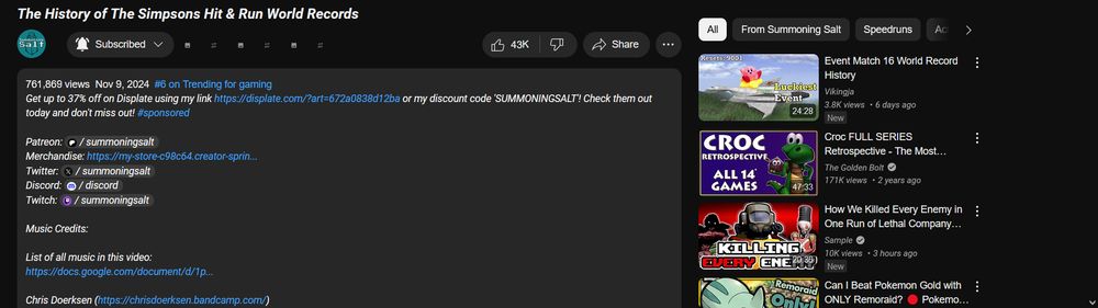 A screenshot of the description and recommended videos section of "The history of the simpsons hit & run world records" by summoningsalt on youtube. A lot of the text is italicized.