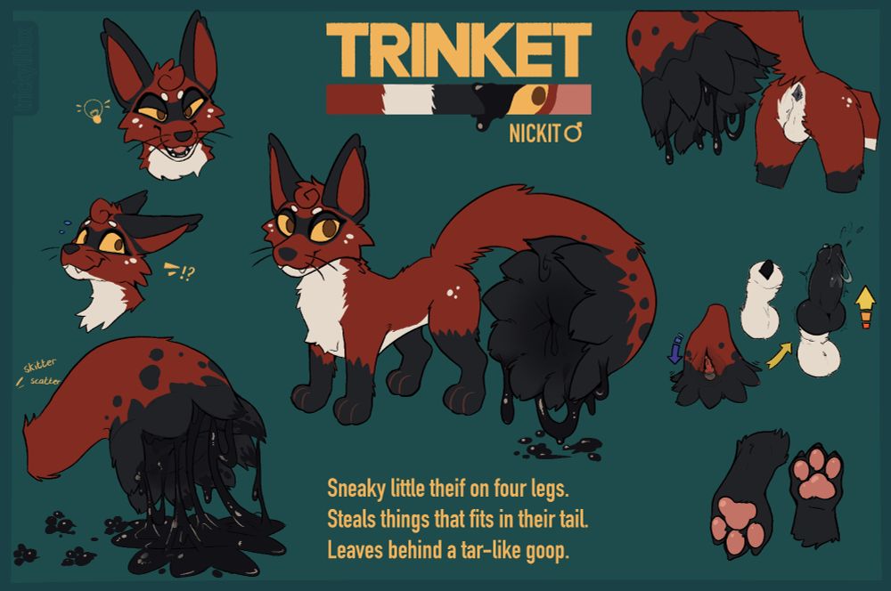 Ref sheet for a nickit who is seen to be stealing the size of another critter's cock for themselves.