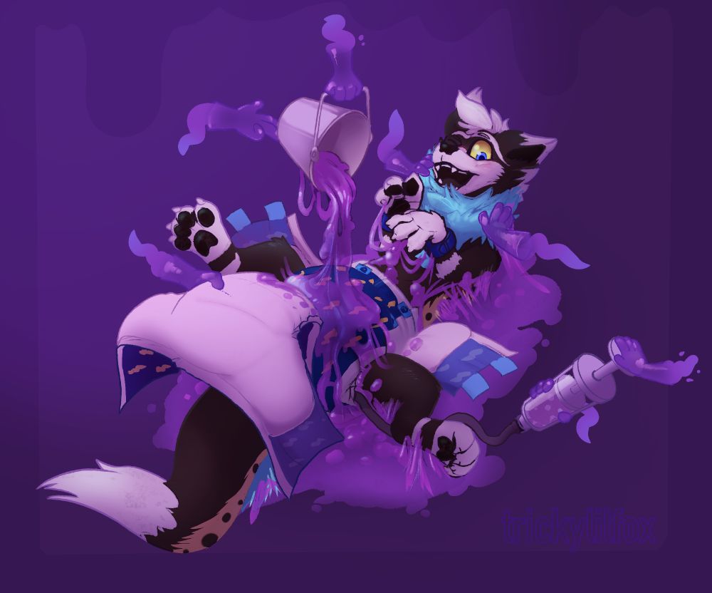 A swarm of ghost-hands pouring sticky purple goop over Kybou, a maned ferret, while being put into a second layer of diapers.