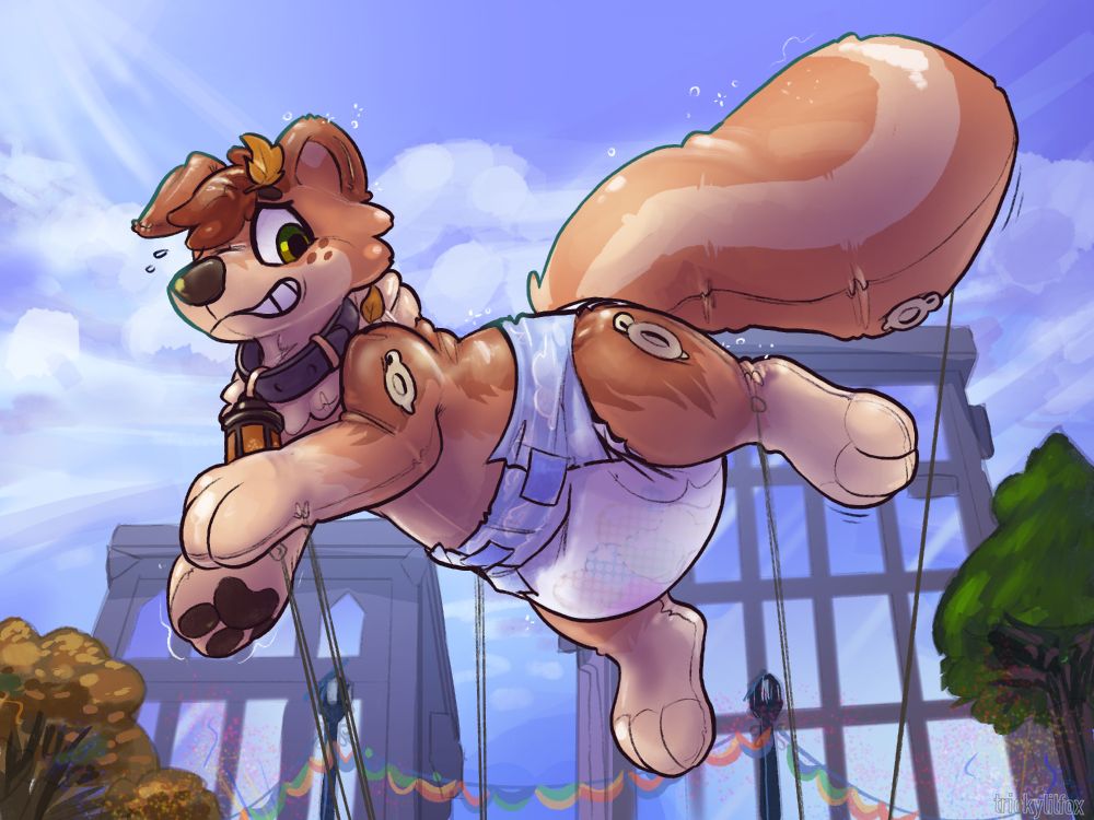 Sequence of illustrations of a big parade float pooltoy dog turning into a skunk float