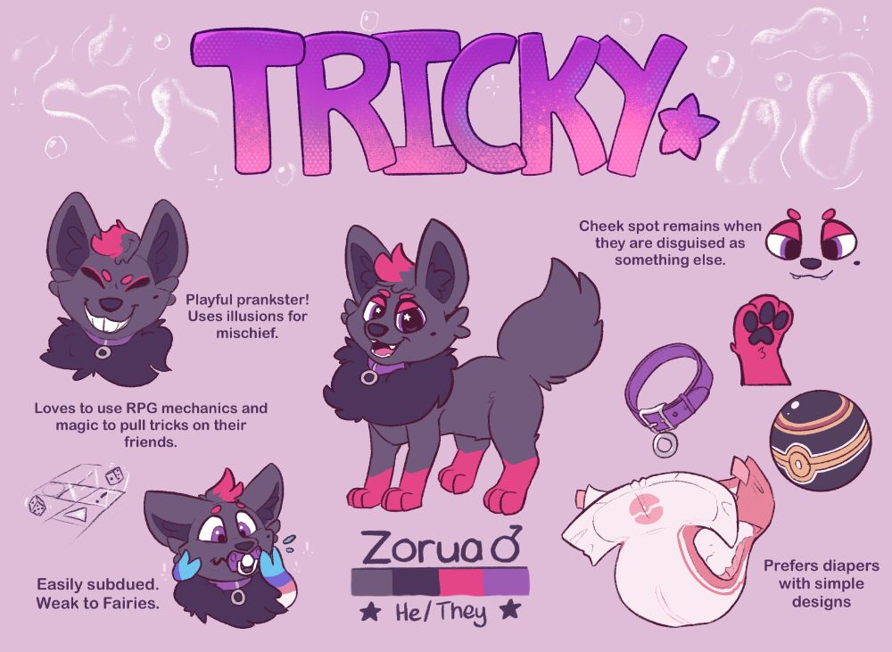 Ref sheet for Tricky the Zorua. He is a mostly on-model Zorua with more fox-like proportions. He wears a purple collar with an attached silver ring.