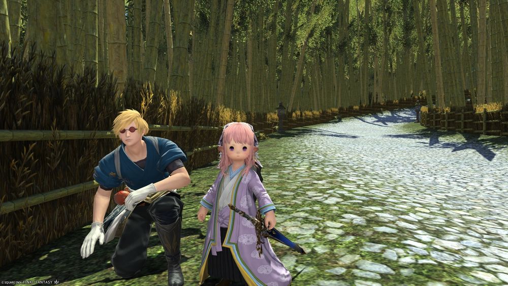 六根山の竹林にいるハンコックとララフェル女の子