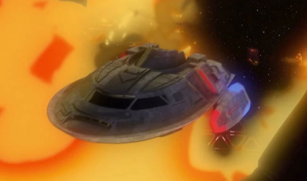 The speeding Captain’s yacht, USS Cerritos against a fiery orange background 