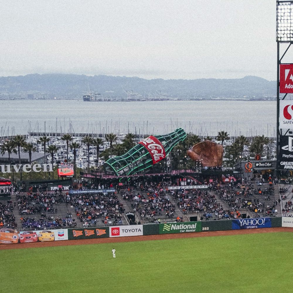 Oracle Park's iconic Coca-Cola bottle slide seen in the San Francisco Giant's outfield.