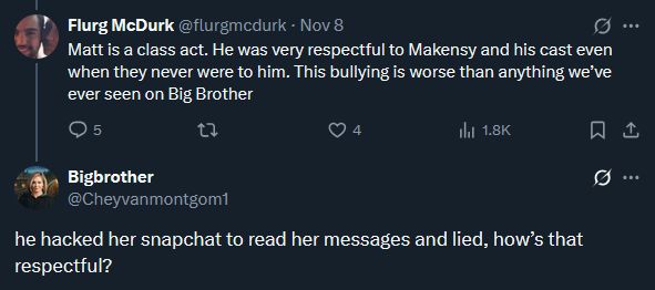 Someone on the other app claiming that Matt hacked Makensy's snapchat 