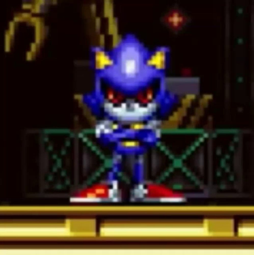 metal sonic from sonic the hedgehog is standing with his arms crossed on a platform .