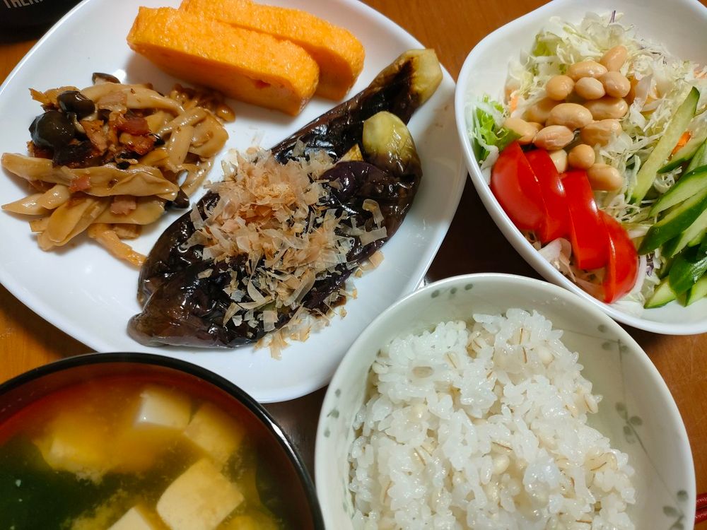 四角いお皿に盛られた、削り節が乗った焼きなす、黄色い卵焼き、きのこのマリネ。具材の入った味噌汁。カット野菜とトマトと豆のサラダ、もち麦ごはんから成る、一食分の和食の献立。