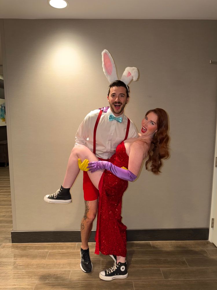 A couple dressed as Roger Rabbit and Jessica Rabbit pose in a dip