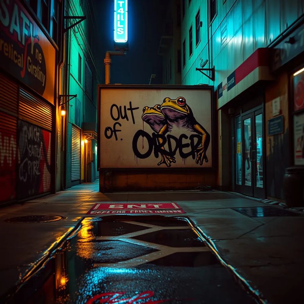 Sign in an Empty Downtown Sidewalk that says "Out of Order" w/ 2 Frogs.
