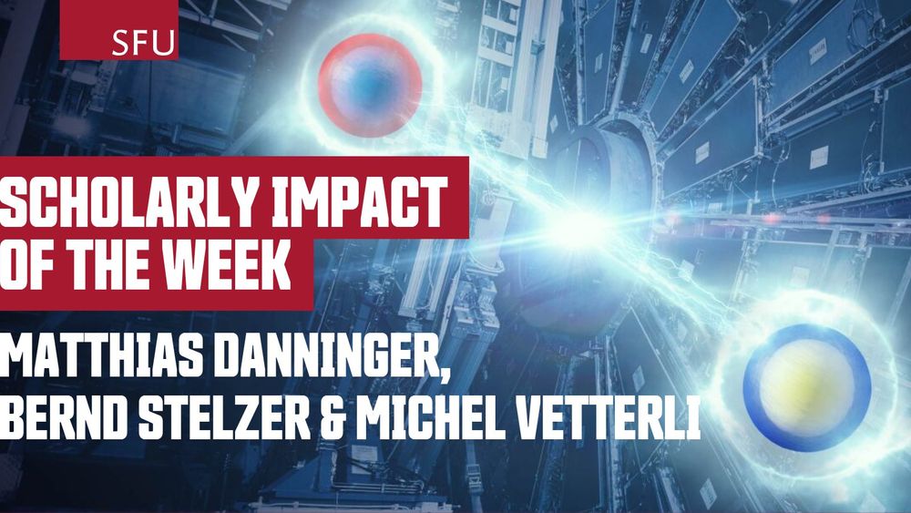 Artist's rendering of two entangled quarks with the sensor arrays of the Large Hadron Collider behind them. Overlaid text reads: Scholarly Impact of the Week: Matthias Danninger, Bernd Stelzer & Michel Vetterli