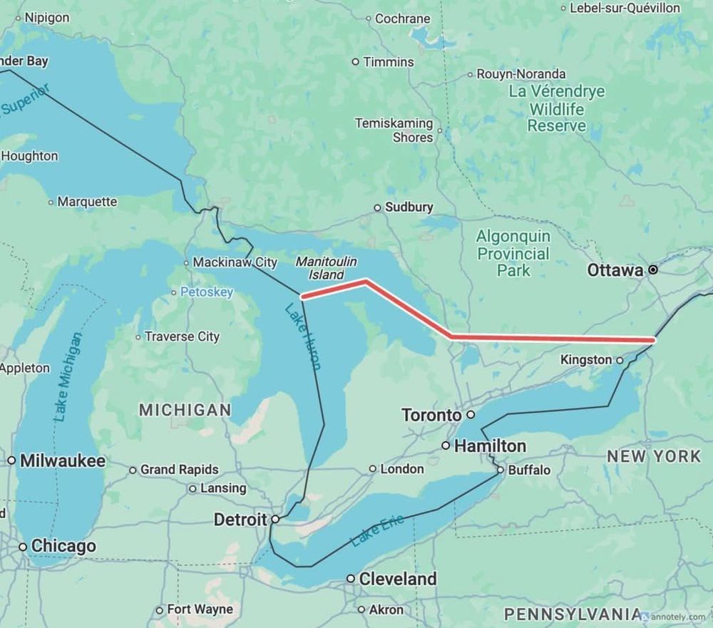 "Map of alleged Ontario annexation plan." March 7th, 2025 - Unconfirmed Memorandum and maps leaked on twitter reveal Trump is allegedly planning to annex the entirety of the great lakes and Southern Ontario, home to 13,491,332 Canadians. This amounts to 35.25% of Canada's total population and includes its largest city, Toronto. This region accounts for 38% of the Canadian economy, and its loss would make Canada's independence functionally impossible. 