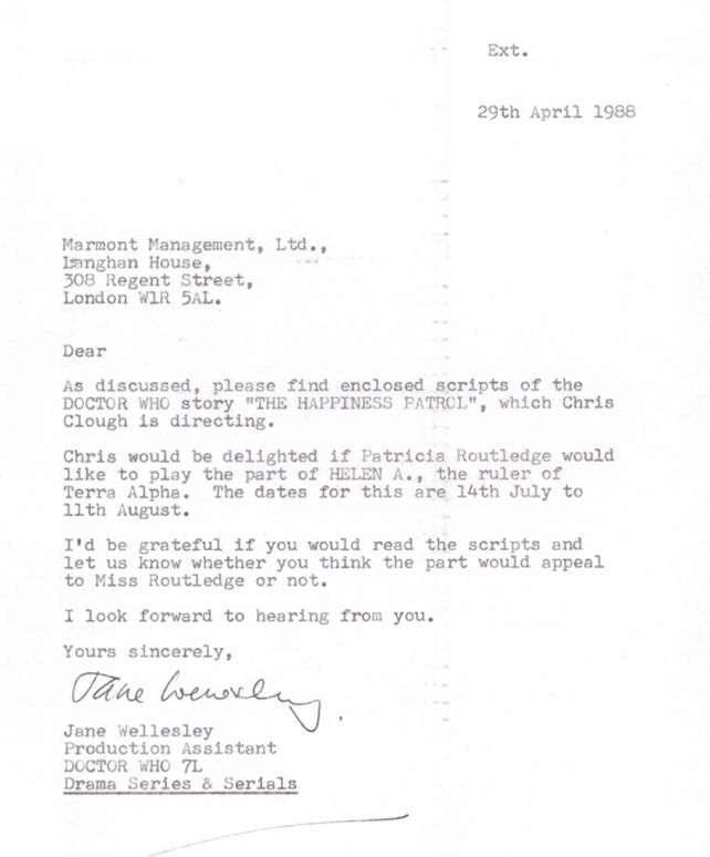 Letter from Chris Clough's secretary to Patricia Routledge's agent enclosing script and offer to play Helen A in The Happiness Patrol.