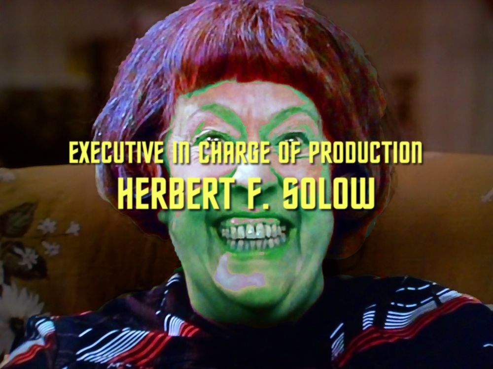 Peggy Mount from You're Only Young Twice tinted green with Star Trek credit "Executive in Charge of Production HERBERT F. SOLOW"
