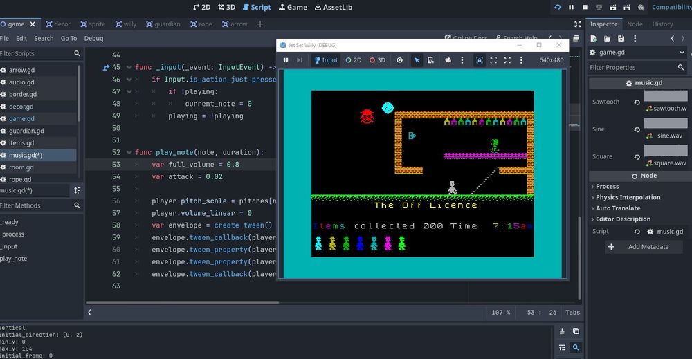 Screenshot of Godot Engine music generating code along with the Jet Set Willy game playing in another window, showing The Off Licence room.